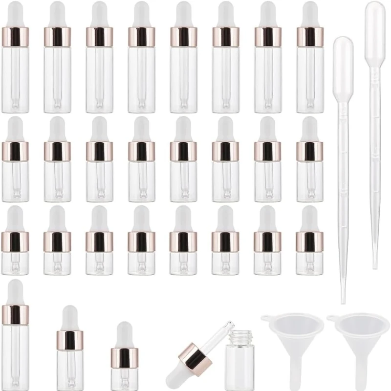

50pcs 1ml-5ml Mini Clear Glass Essential Oil Aromatherapy Dropper Bottles Rose Gold Cap Reagent Drop Eye Liquid Pipette Bottle
