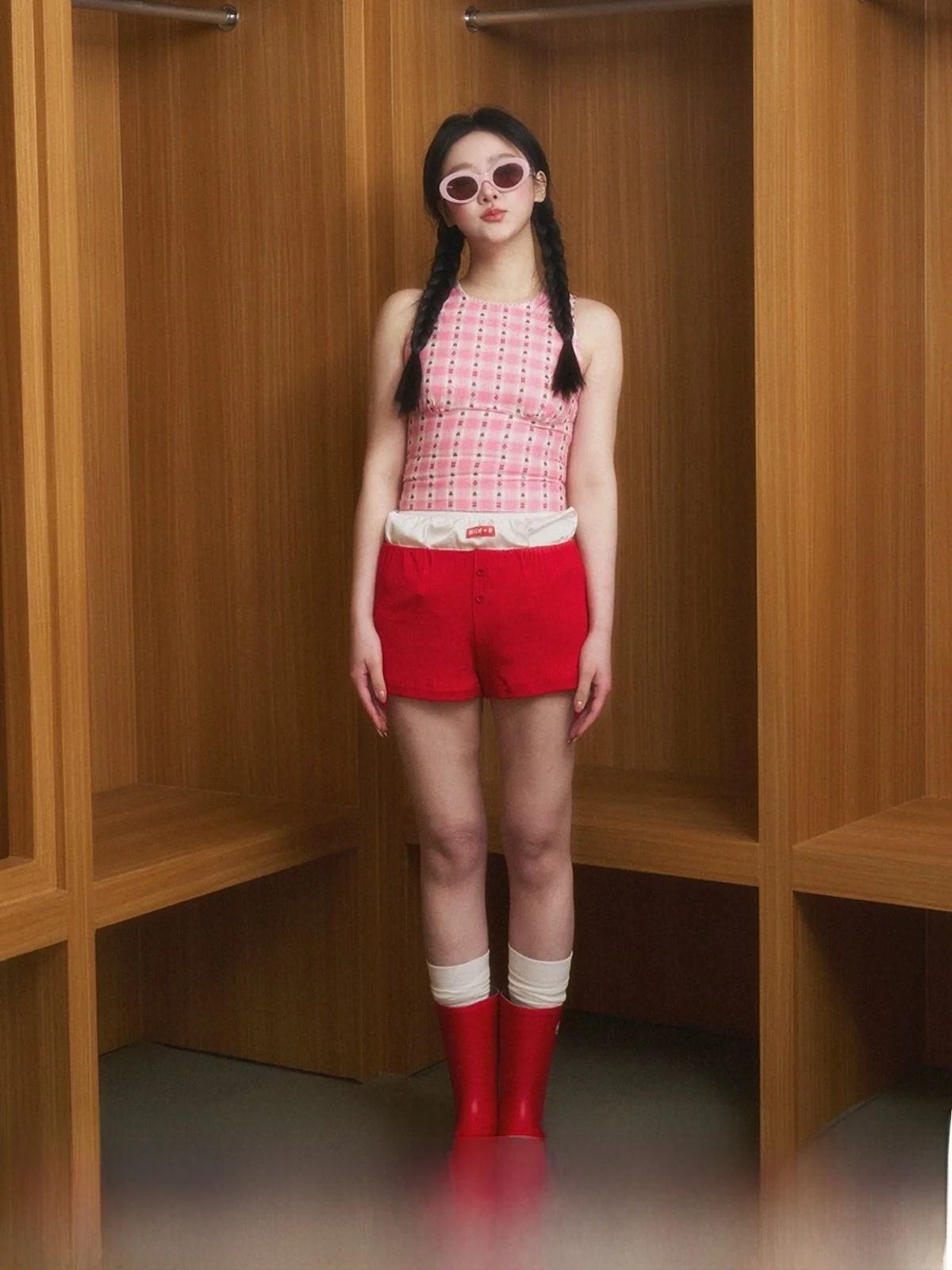 

Original Pink Heart Plaid Waist-Cinching Vest Spring Summer Slim Fit Top Women's Cotton ort Length Outerwear