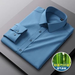 Camisa de fibra de bambu manga comprida masculina, elástica, confortável, macia, negócio, profissional, formal, vestido branco, frete grátis