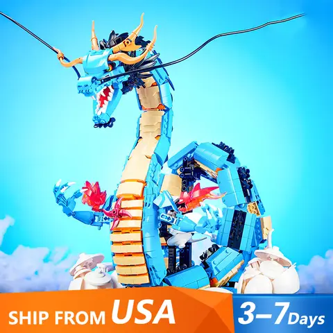 Bloques de construcción de dragón Kaido azul, rey náutico de Anime creativo DK5011, modelo de forma de dragón divino, juguetes de ladrillo, regalo de Navidad para niños