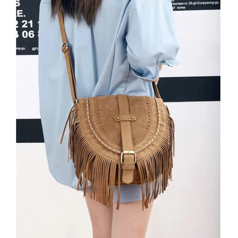 

Faux Suede Gypsy Style Vintage Summer Tassels Saddle Bag for Women Retro Shoulder Crossbody Bag