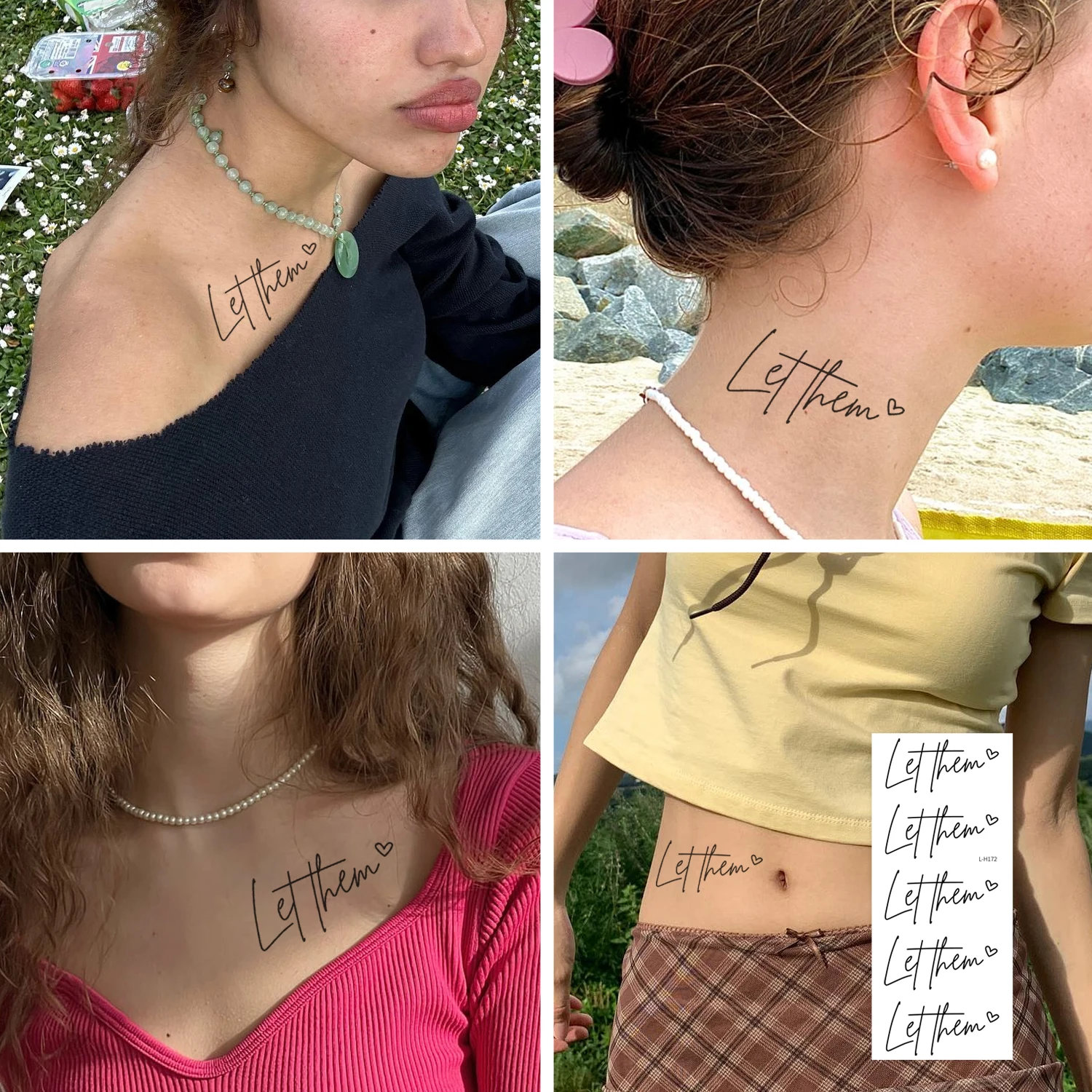 Let Them Heart Temporary Tattoo Stickers - Water Resistant Fake Tattoos for Women/Adults/Kids, Long-Lasting Black Letter
