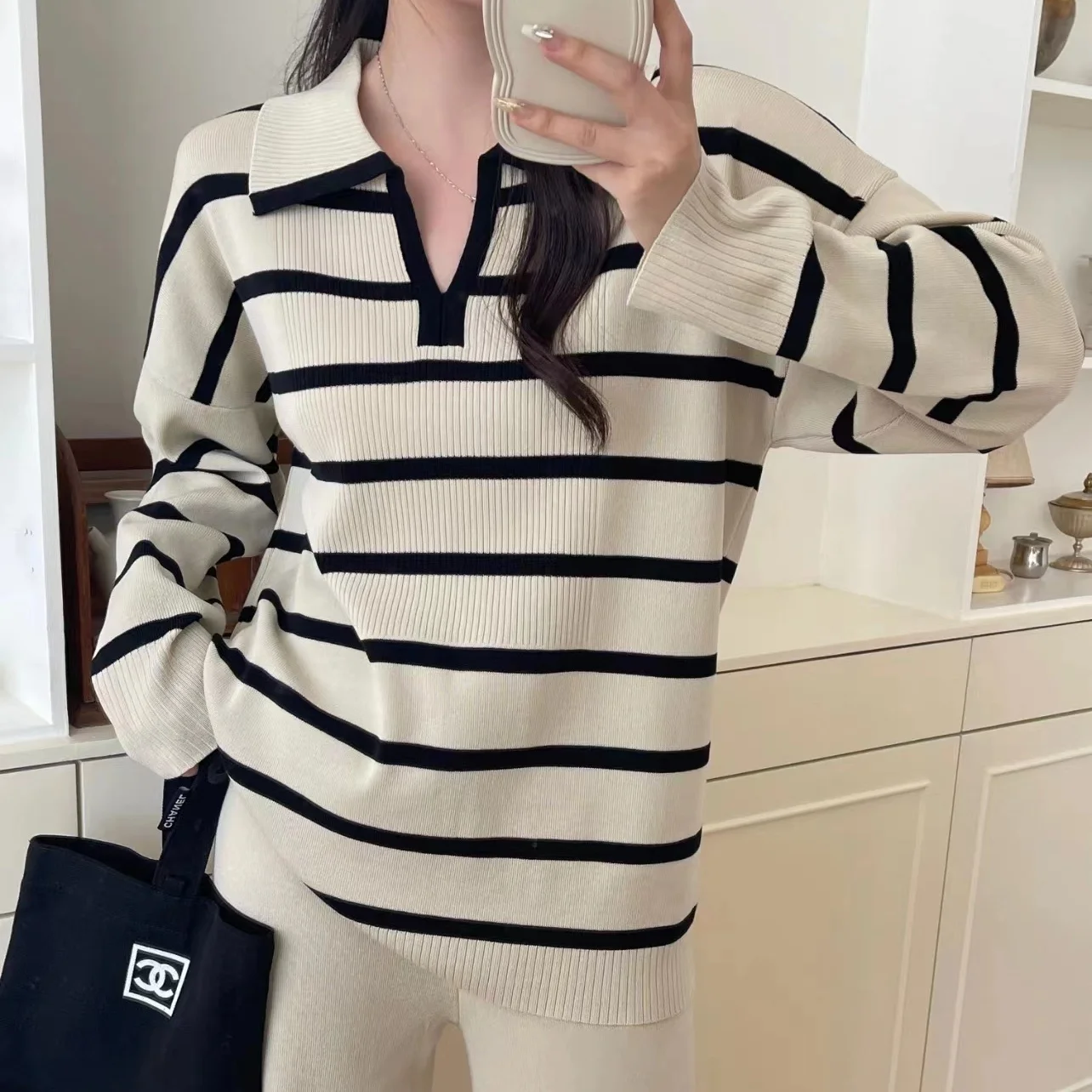 New In Elegant Womens 2 Piece Outfit Set Casual Stripe Sweater Matching Sets Korean Long Sleeve Tops Pants Knitwear Pullovers