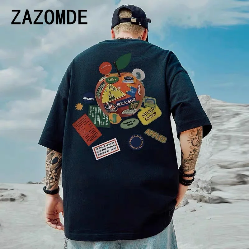 ZAZOMDE Letter Apple T Shirt Logo Print Cotton T-Shirts Short Sleeve Y2K Funny Tshirt Summer Cotton O Neck Big Size Top Tees