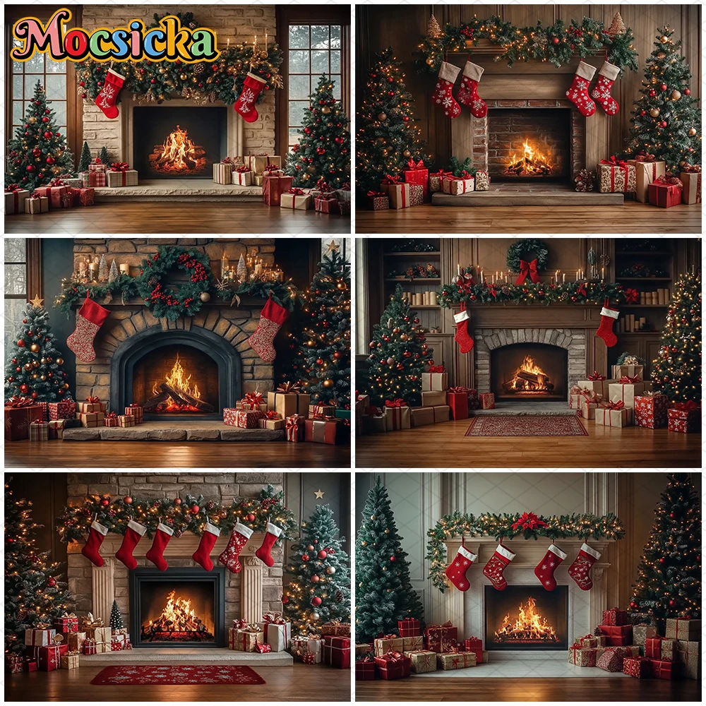 

Mocsicka Christmas Photography Backdrop Home New Year Party Tree Fireplace Decorations Family Photo Backgrounds Studio Wallpaper