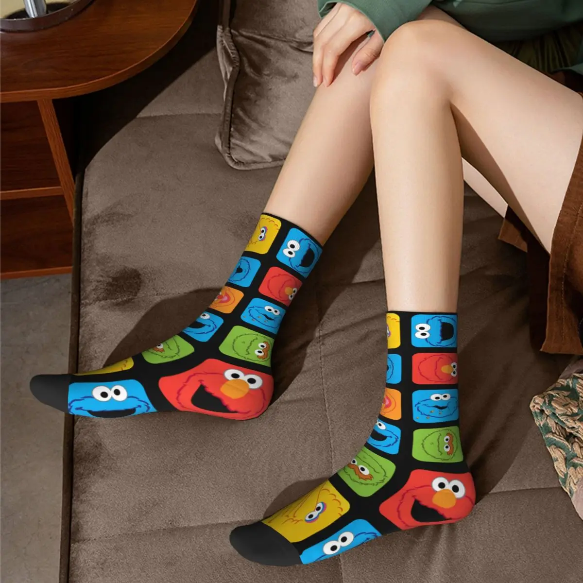 Autumn Winter Retro Women Men Cookie Monster Cubed Faces Pattern Socks Sweat Absorbing Basketball Socks