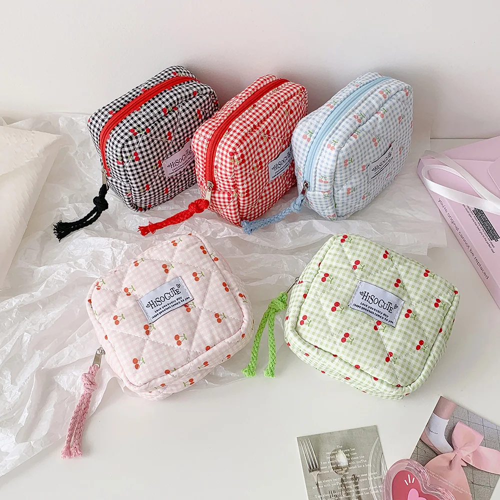 INS Fashion Square Cherry Makeup Bag Cute Girls Portable Large Capacity Travel Washbag Sanitary Cotton Storage Bag Women Gifts - view 3
