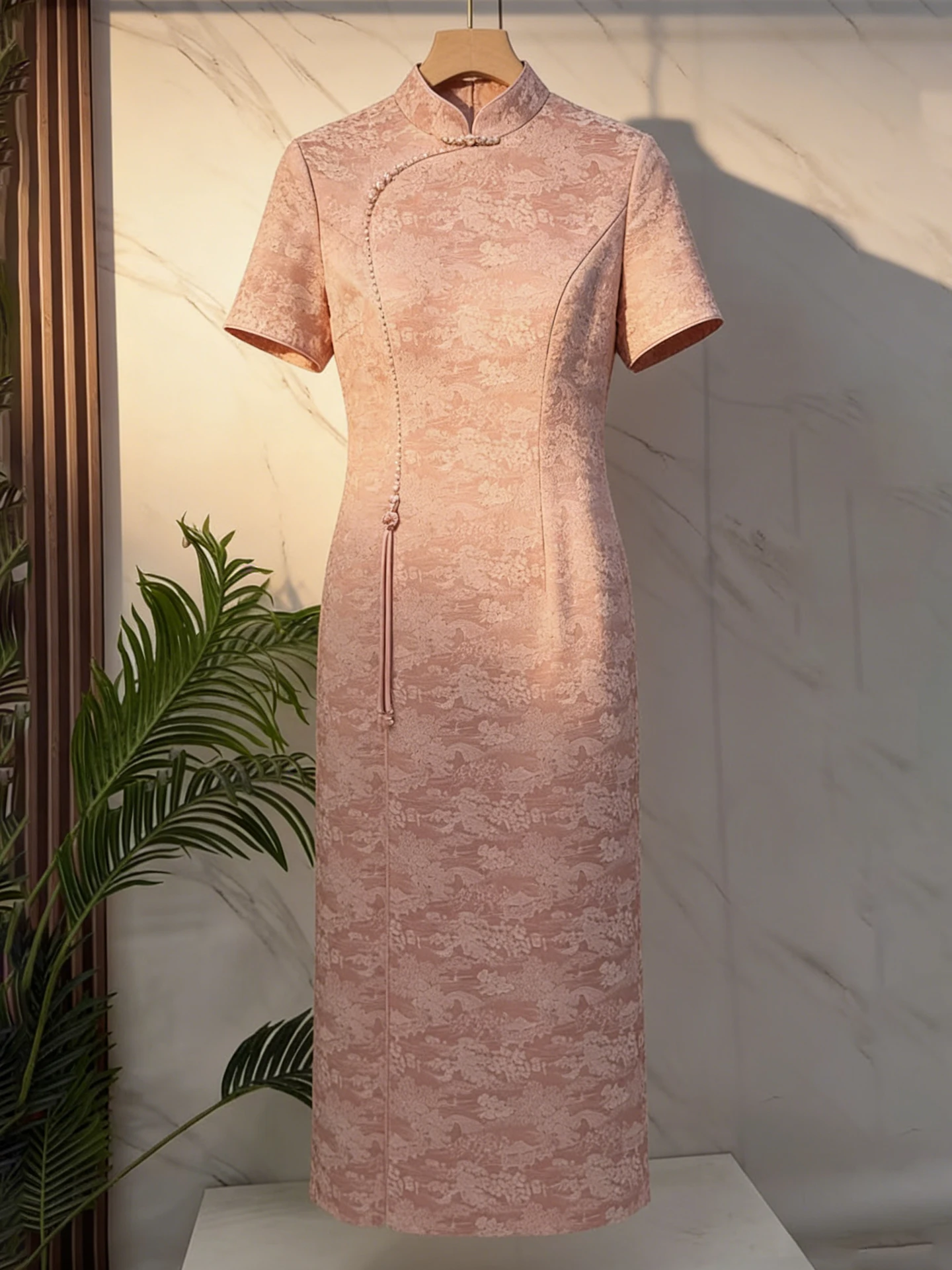 

Retro Style Short Sleeve Midi Qipao Young Style Floral Embroidery Slim Fit Daily Wear Chinese New Style Stand Collar Dress