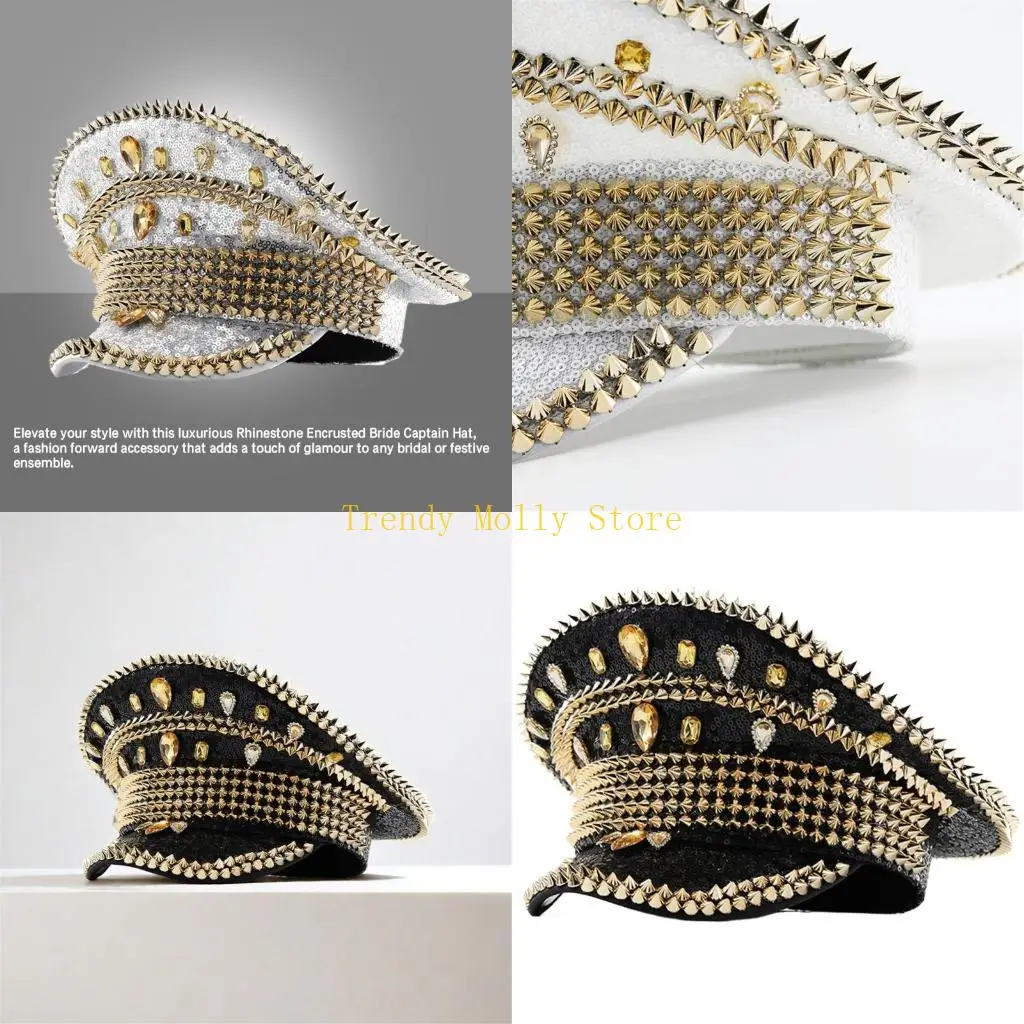

N5KB Sparkly Party Hat Heavy Crystal Sequins Rivets Captain Hat for Actor Actress