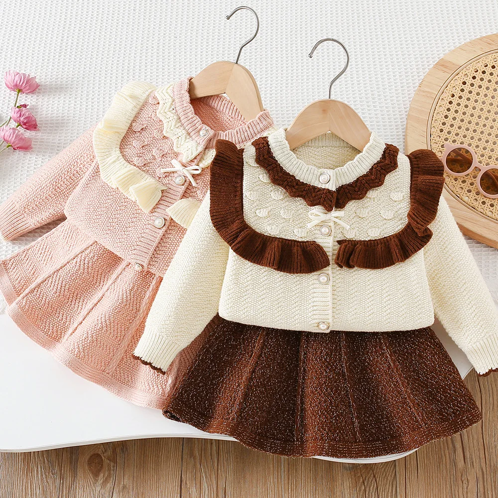 

Autumn Kids 2PCS Sweater Set 9M-5T Color Block Bow Knit Cardigan And Short Skirt Outfit for Girls Baby Loose Korean Style
