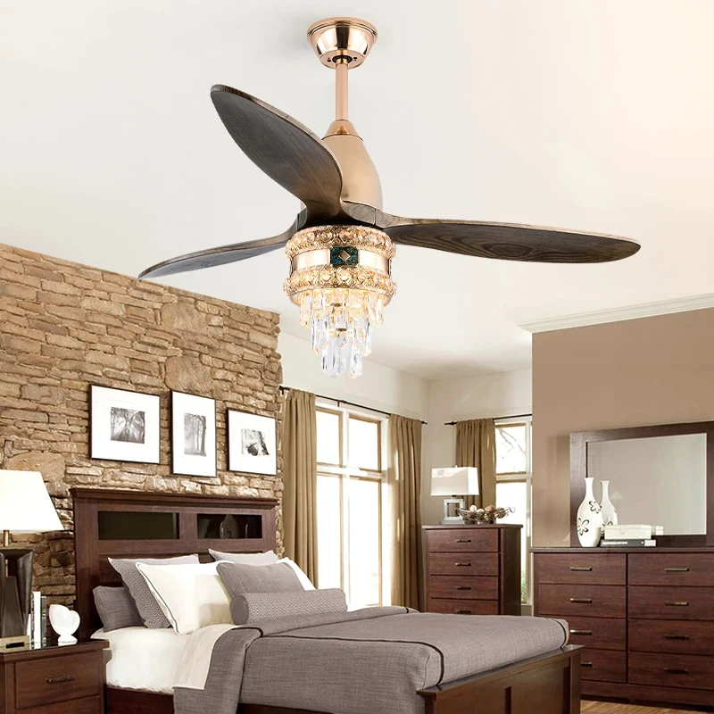 

European style crystal ceiling fan with LED light, solid wood fan blade, remote control living room, bedroom, exhibition hall,