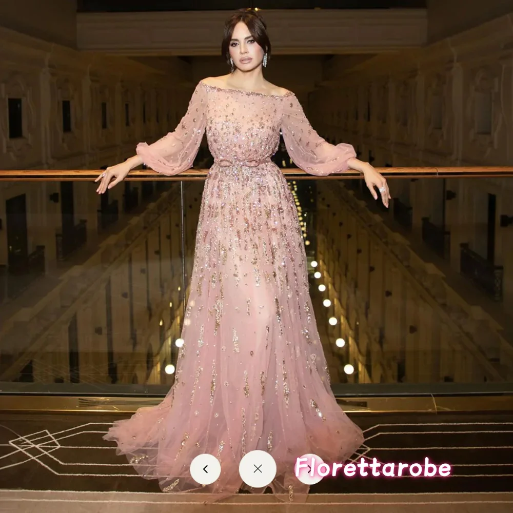 Florettarobe Luxuriöses rosa A-Linien-Abendkleid mit U-Ausschnitt und langen Ärmeln, Schärpen für Damen, Abschlussball-Party-Kleider, individuell gestaltet