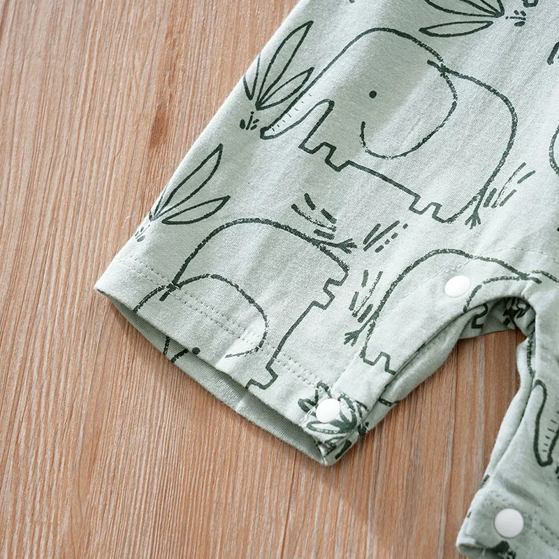 Summer Newborn Boys And Girls Cute Cartoon Strap Elephant Print Cotton Comfortable Short Sleeve Bodysuit