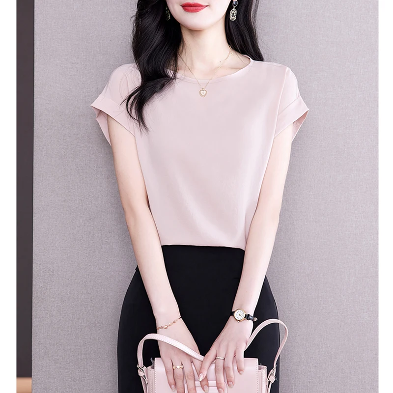 2024 Summer Women Fashion Simple Elegant Blouse Office Lady Casual Short Sleeve Shirt Solid O Neck Loose Tops Blusas Para Mujer