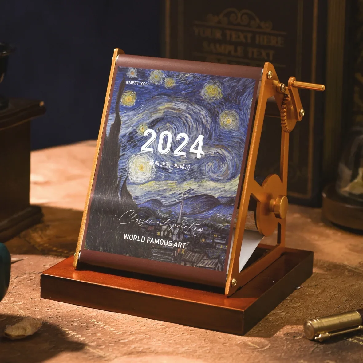 Hand Operated Mechanical Calendar 2024 Artistic Oil Painting Calendar Office Desktop Decorations Wooden Desk Calendar Gifts