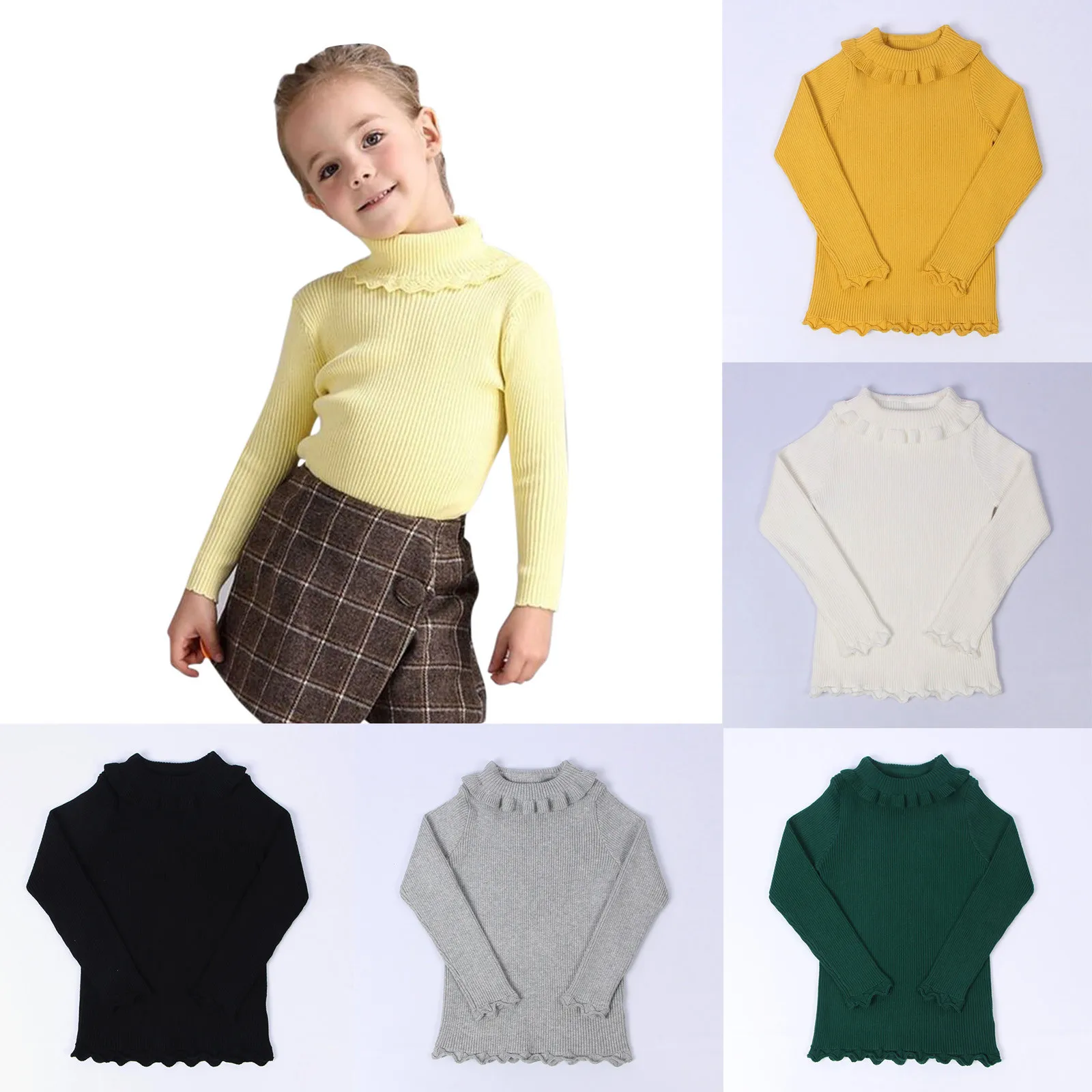 

Baby Girls Knitwear Clothes Kids Solid Color Lace High Neck Candy Colored Base Sweater Winter Children Pullover Infant Outerwear