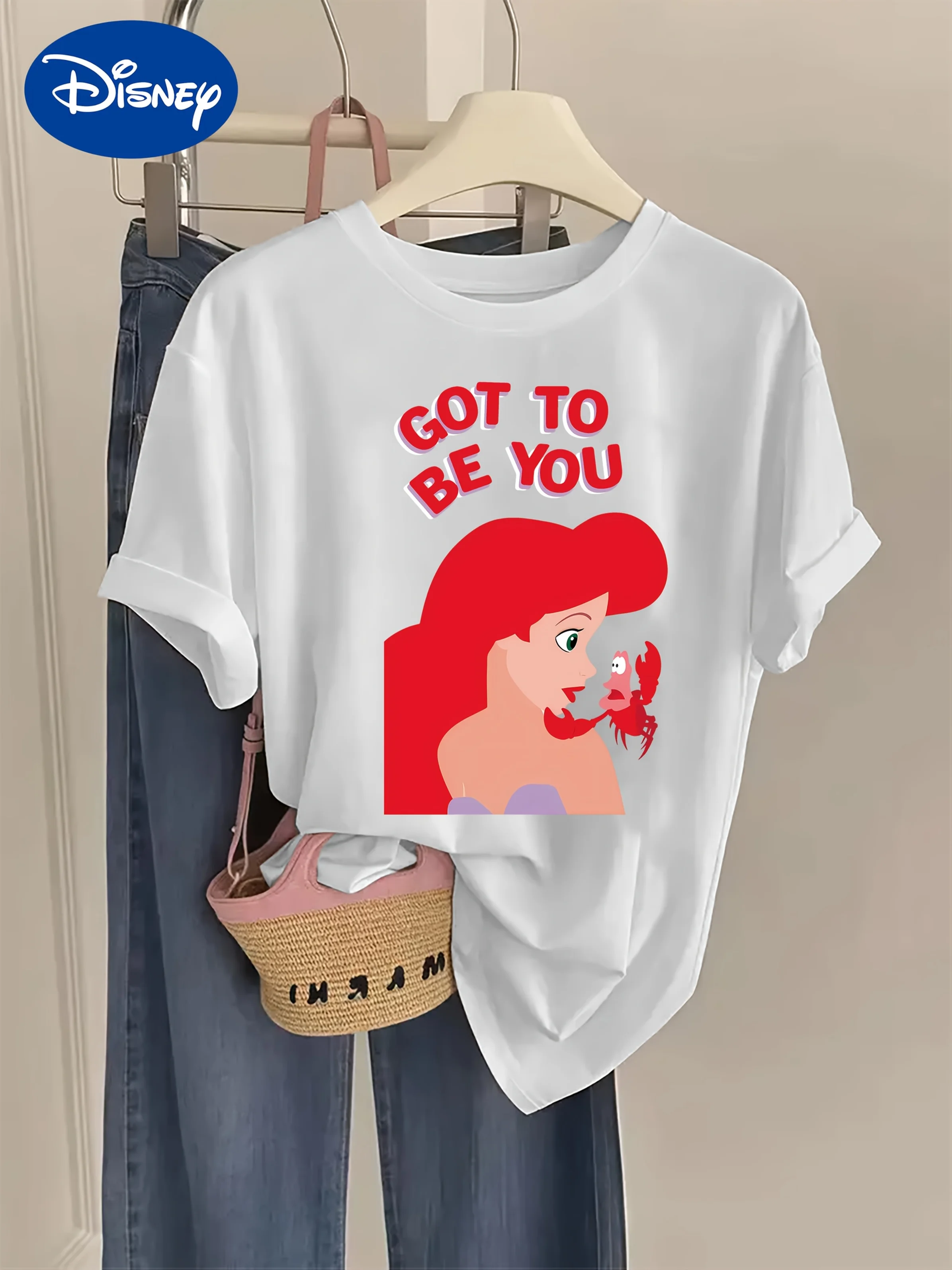 

2025 Disney Pattern Printed Women's Casual Comfortable Unique Smiling Face Black Round Neck Short Sleeve T-shirt