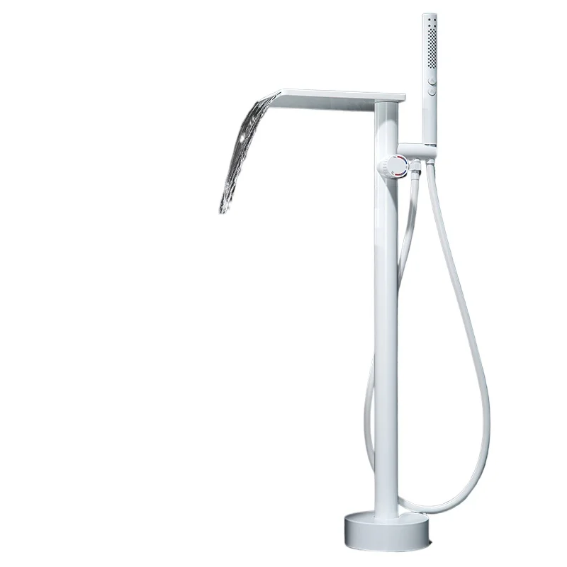 

Floor Standing Bathtub Faucet White High Flow Waterfall Full Copper Shower Hot and Cold Upright Bathtub Faucet