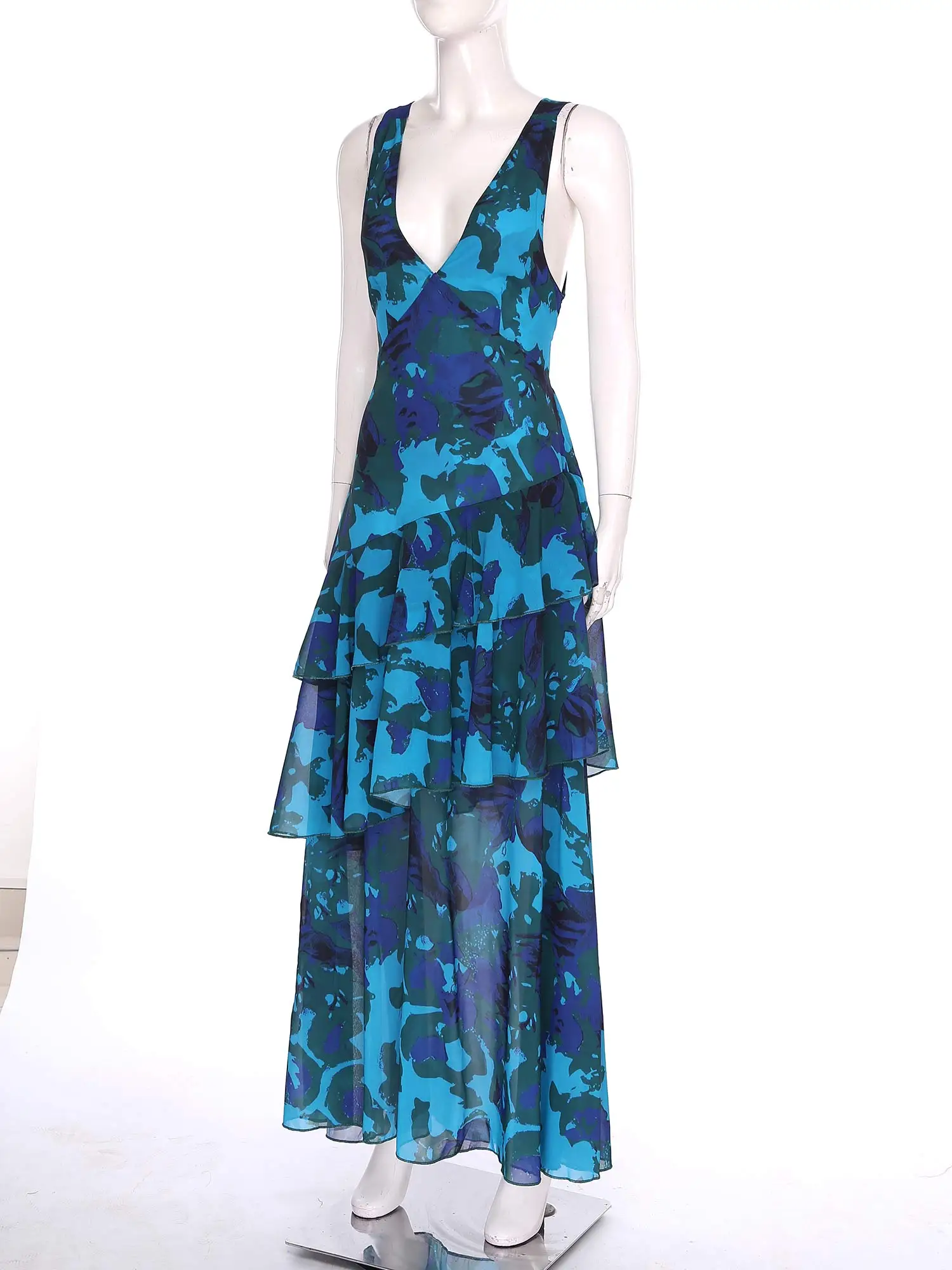 Eleganckie sukienki damskie w stylu boho retro, bez rękawów, z odkrytymi plecami, w kwiatowy wzór, letnia sukienka maxi z szyfonu, dekolt w serek, vestidos, sukienka damska.