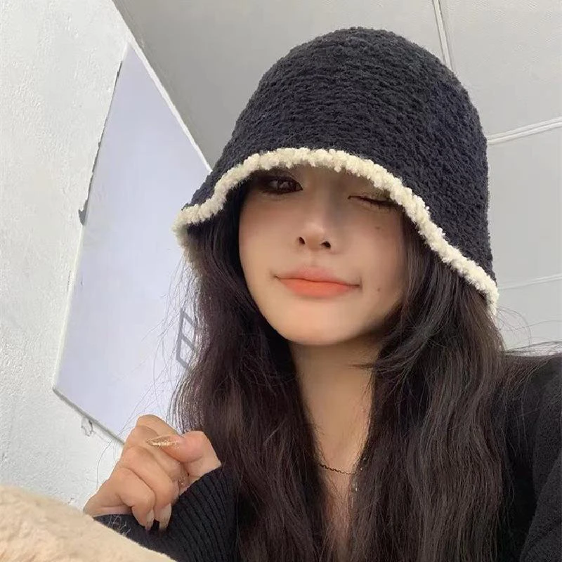 Knitting Bucket Hat Women Winter Lamb Wool Fleece Cap Corduroy Fisherman Hats Sunscreen Caps For Women