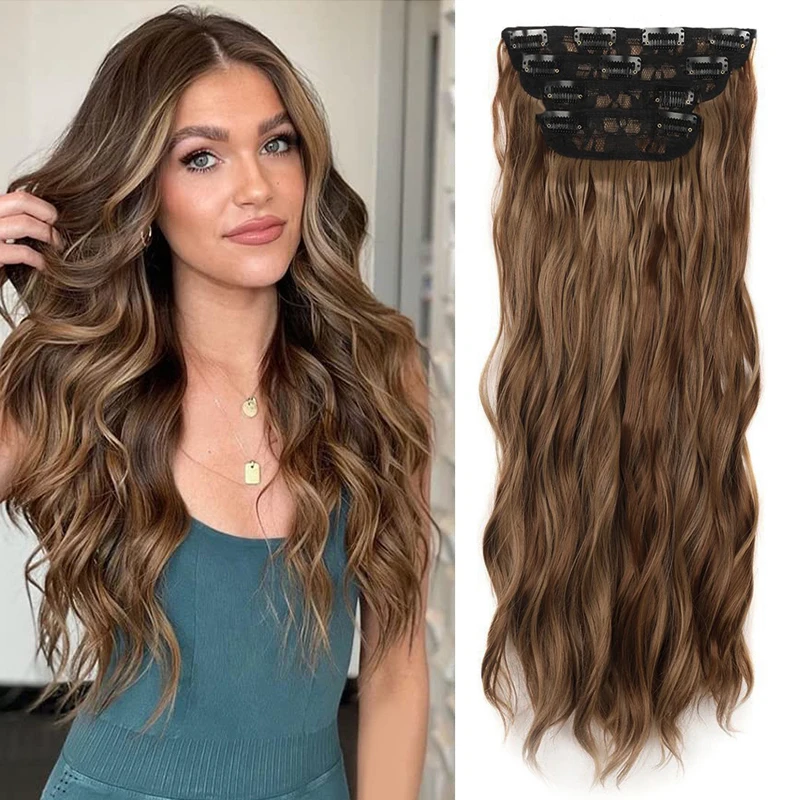 

Synthetic 4pcs/set Natural Hair Extensions Clip In Hair Extensions 20inch Long Wavy Hair Extensions Thick Hairpieces 11Clips