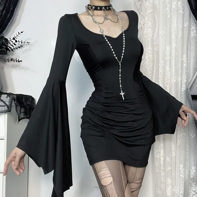 

Fashionable Batwing Long Sleeve Dresses Women's Dark Gothic Waist Spring Autumn Halloween Solid Color Slim Bag Hip Mini Dress