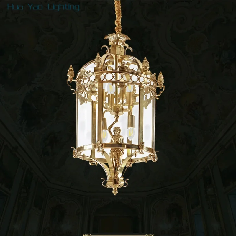 French Luxury Villa Living Room Entrance Brass Angel Glass Pendant Lamp Kitchen Island Glass Pendant Light