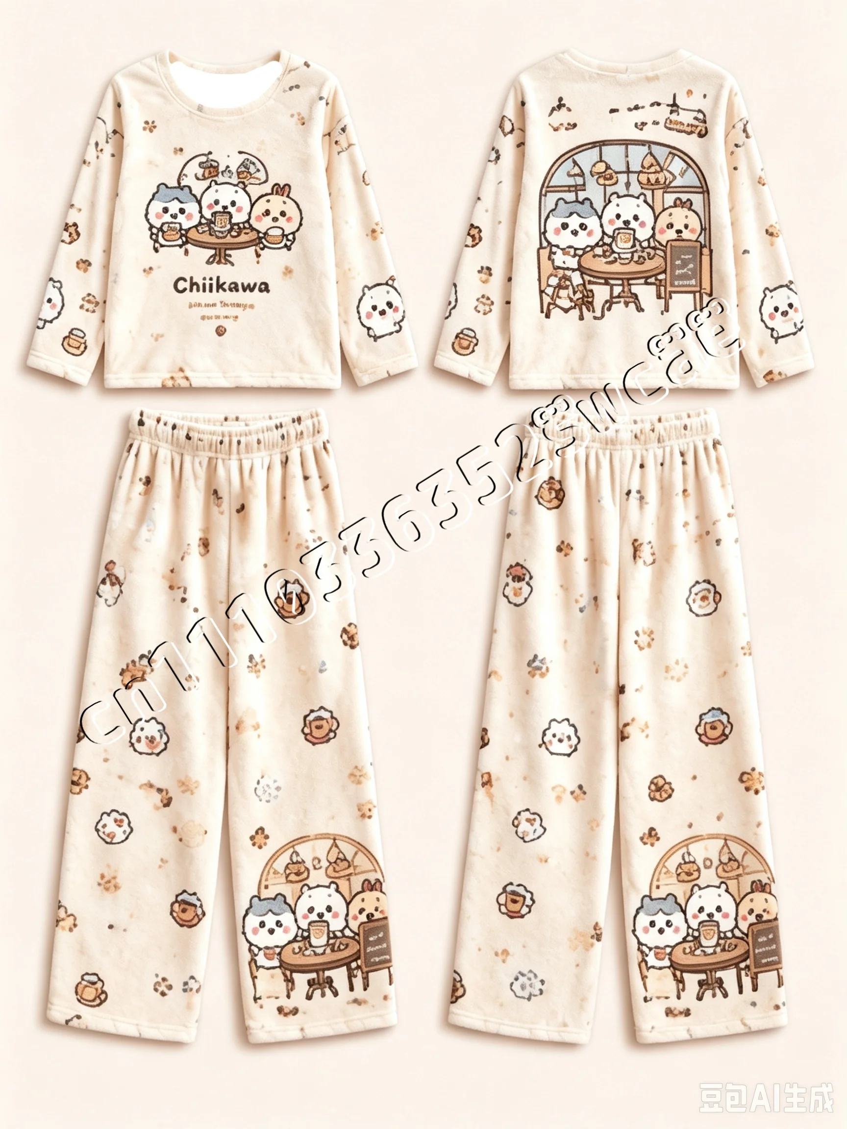 26/27 Chiikawa Flanell-Pyjama-Set, süßes Cartoon-Design, langärmeliges Oberteil und Hose, Herbst- und Winter-Loungewear, Freizeitkleidung für zu Hause, passend für die ganze Familie. – Detail 9