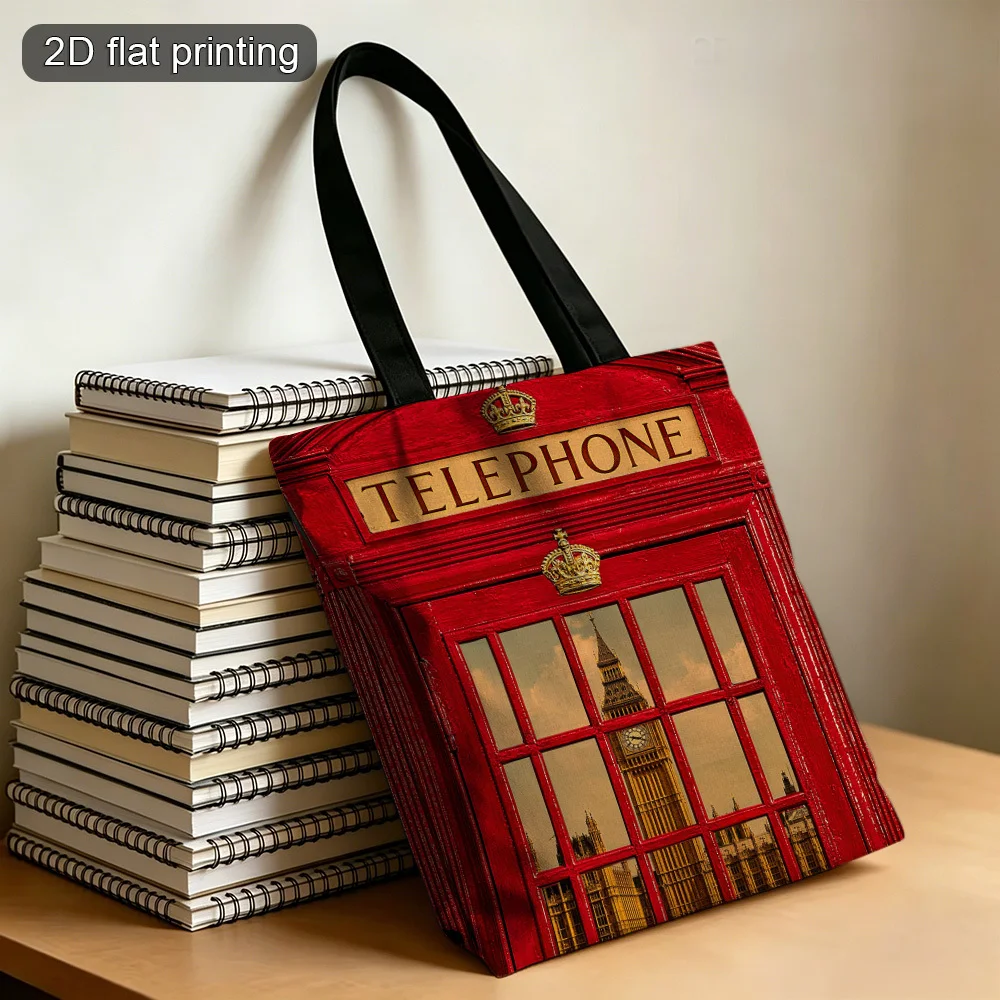 1pc British-Themed London Telephone Booth & Big Ben Tote Bag Double-Sided Printed Reusable Foldable Grocery Bag view 3
