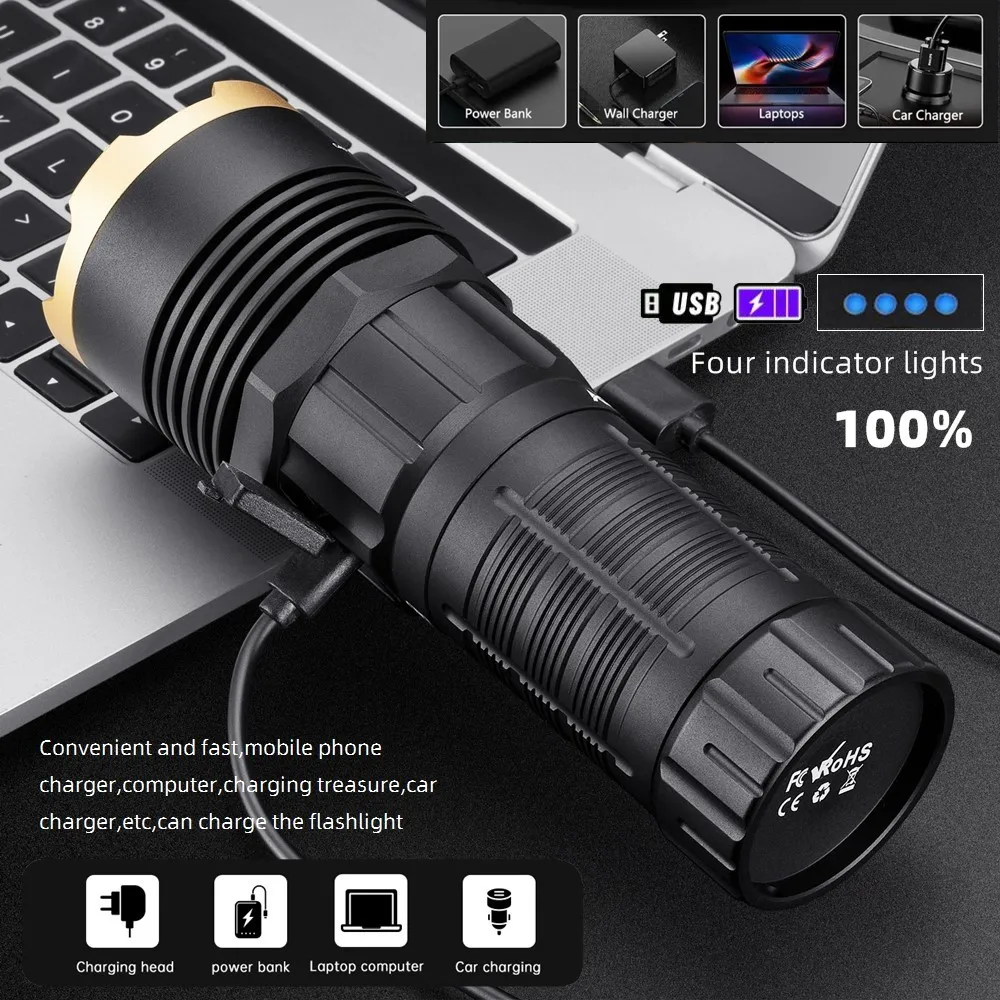 5000 Lumen Hochleistungs-Lichtstrahl-Taschenlampe, USB wiederaufladbar, Aluminium, Outdoor, Jagd, Camping, Angeln, Wanderung, Reisen, leistungsstarke Taschenlampe