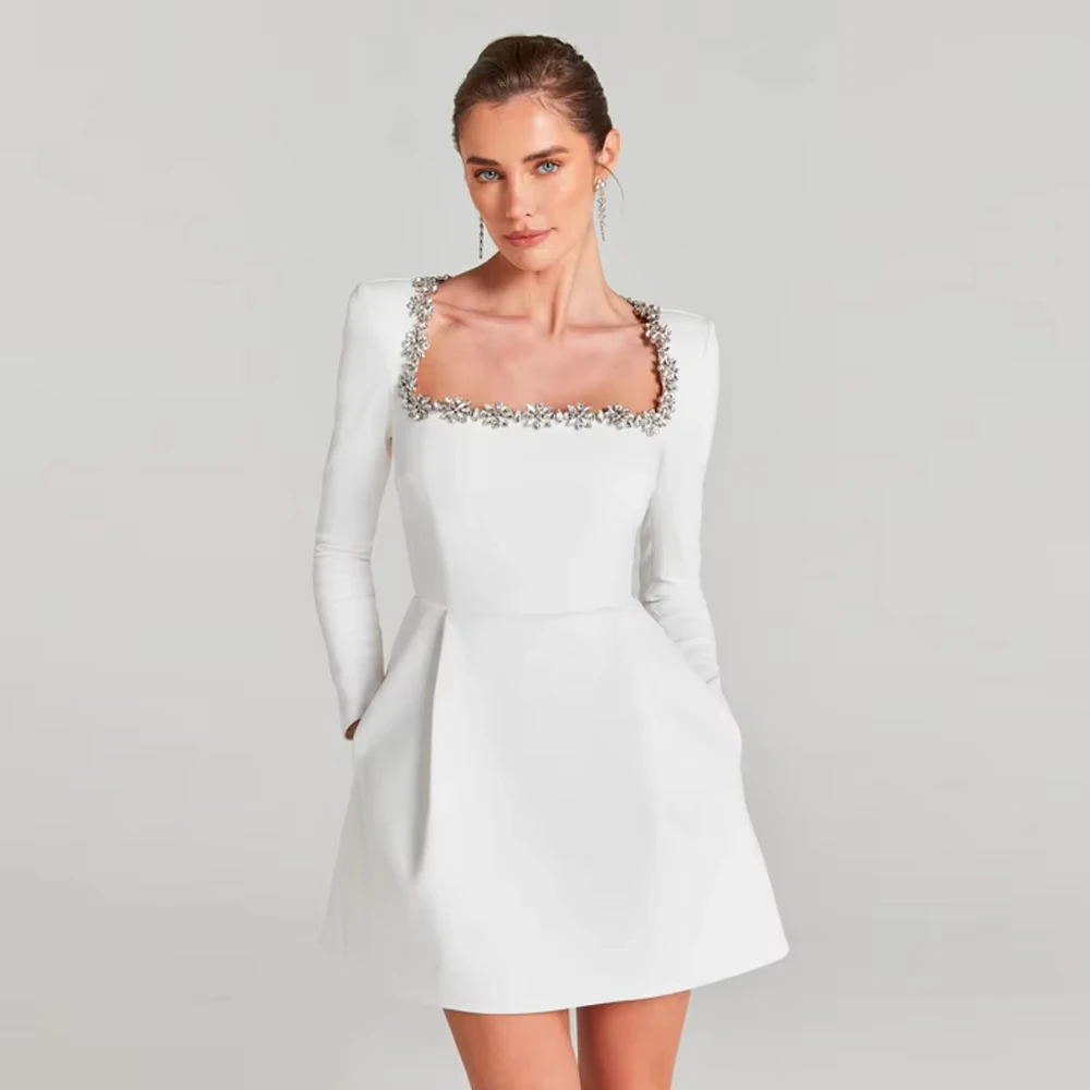 

New Fashion Women's White Square Neck Long Sleeve Diamond Bandage Mini Elegant Celebrity Party Dresses