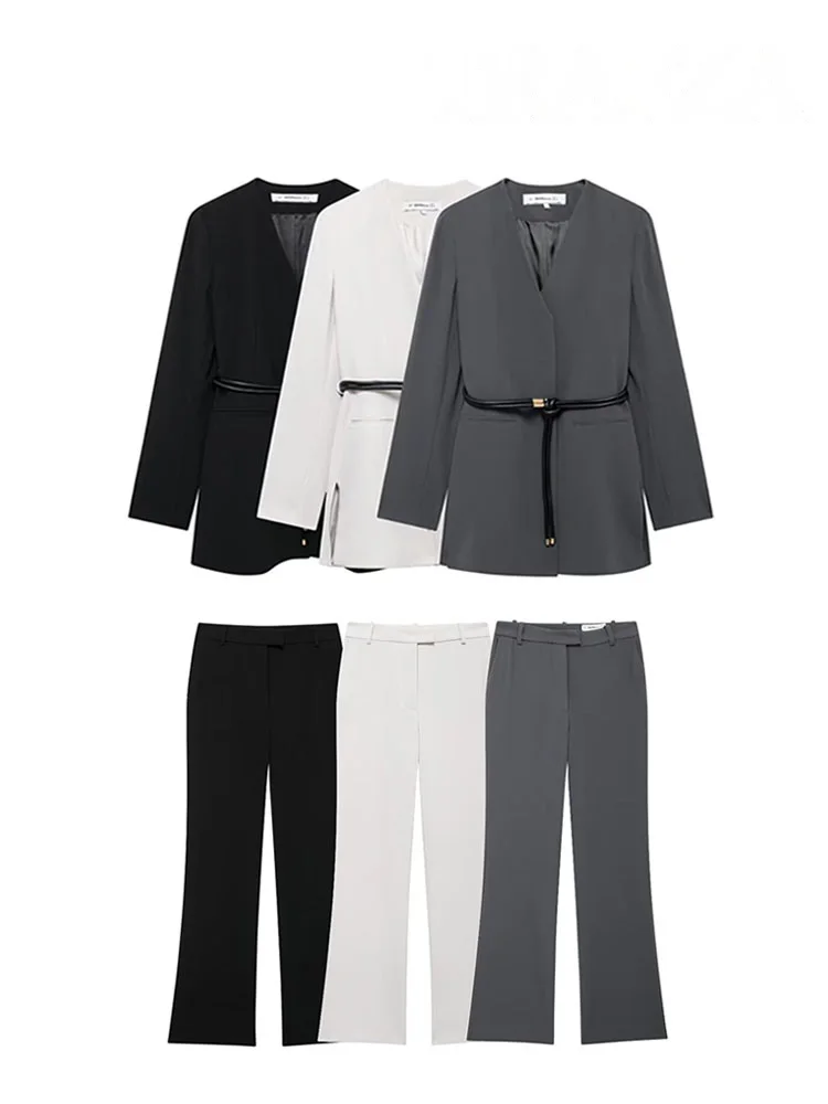 HH Women 2 Piece Set V-Neck Long Sleeves Pocket Belt Decorate Slim Blazer Coat+Fashion High Waist Loose Casual Wide Leg Pant