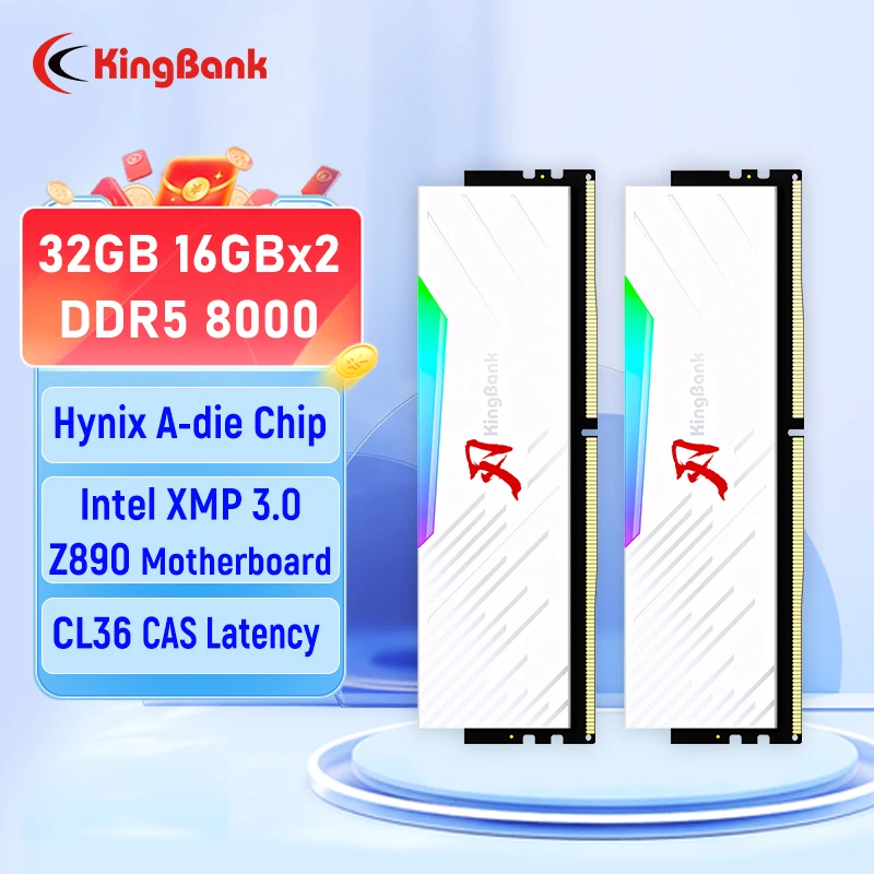 KingBank White RGB DDR5 MEMORY 16GBx2 8000MHz 32GB Hynix A die Computer Ram ddr5 16GB 8000 mhz CL36 For Desktop