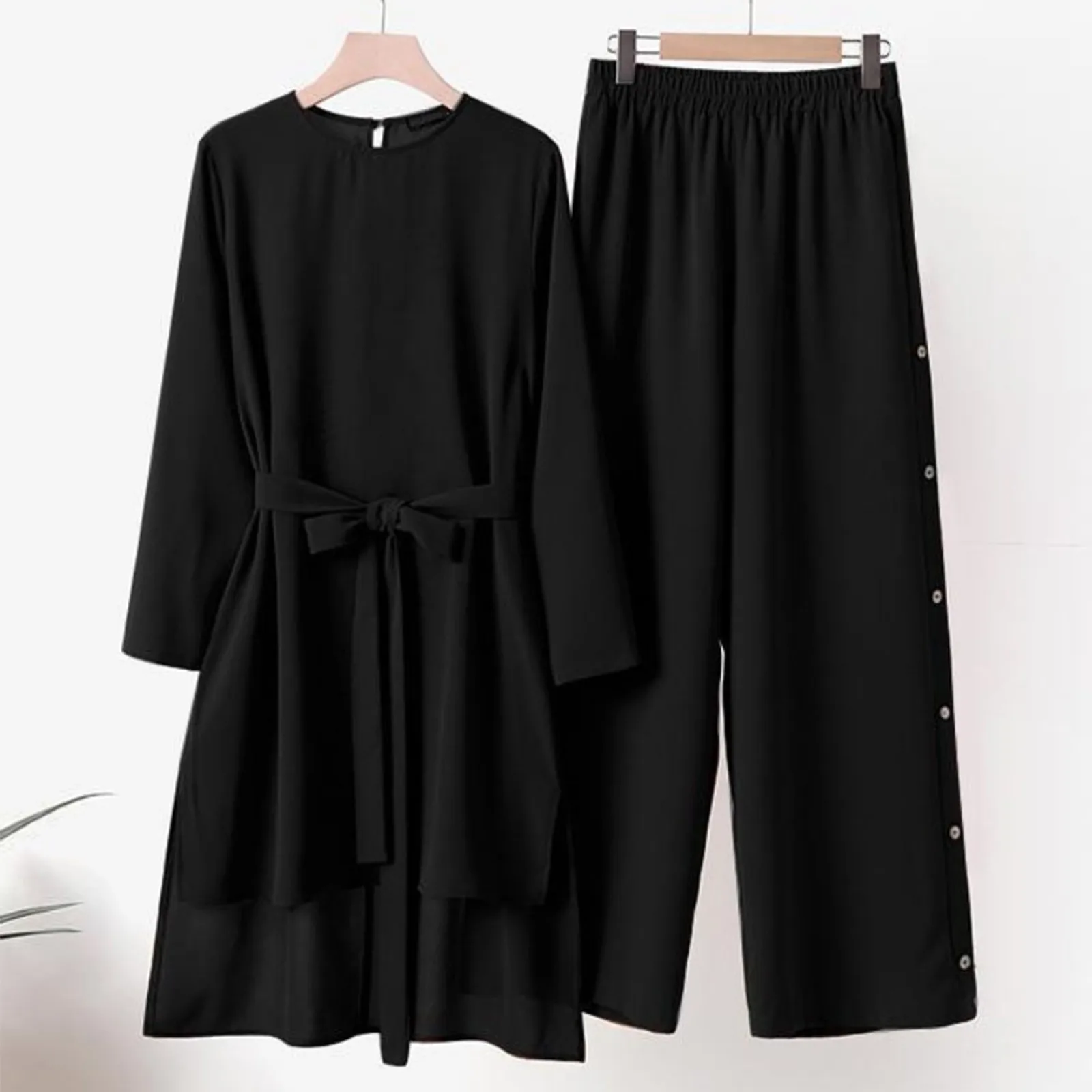 Women\'s Casual Solid Retro Shirt High Waist Loose Long Pant Muslim Suit Cocktail Dress Piece Fit