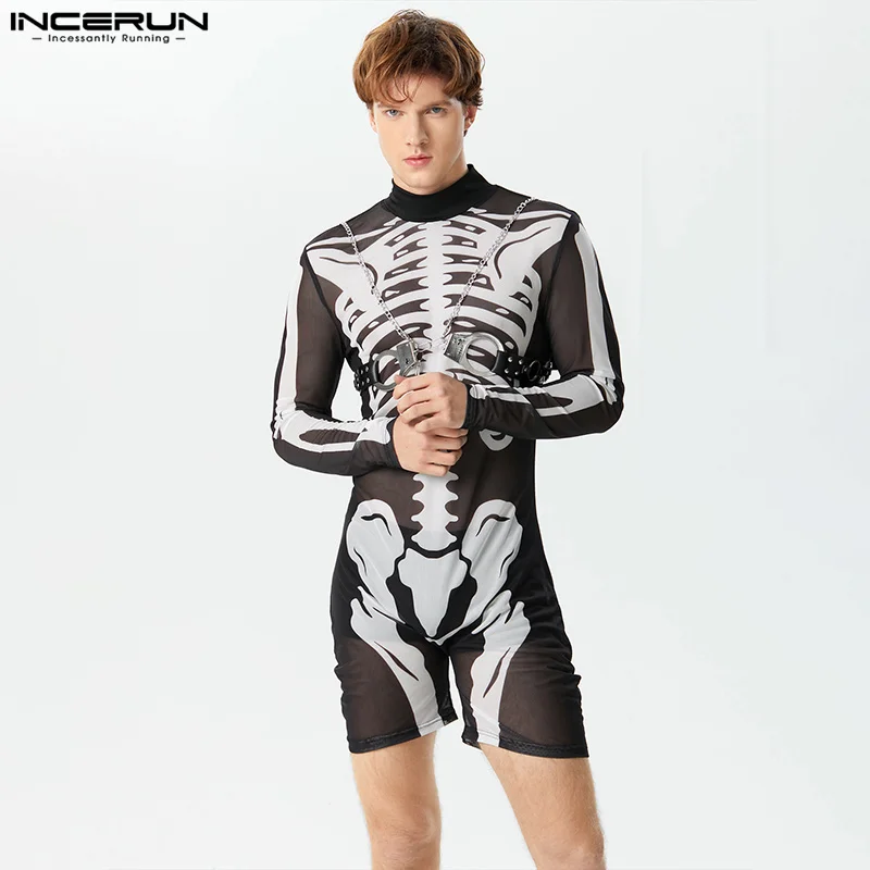 

INCERUN 2023 Sexy Loungewear Rompers Casual Mens Skeleton Print Pattern Jumpsuit Mesh Half High Neck Long Sleeve Bodysuits S-3XL