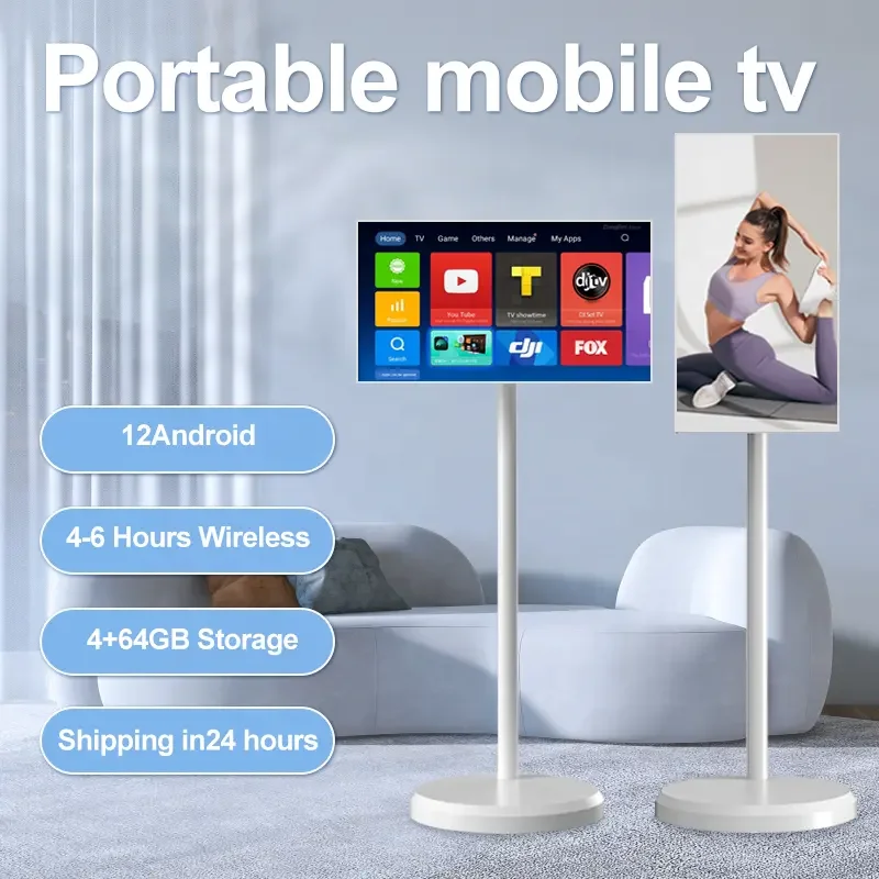تلفزيون SEEWORLD الذكي المحمول 21.5 22 بوصة شاشة لمس تفاعلية متحركة بيضاء 4 جيجابايت + 64 جيجابايت تلفزيونات متنقلة مع بطارية شحن