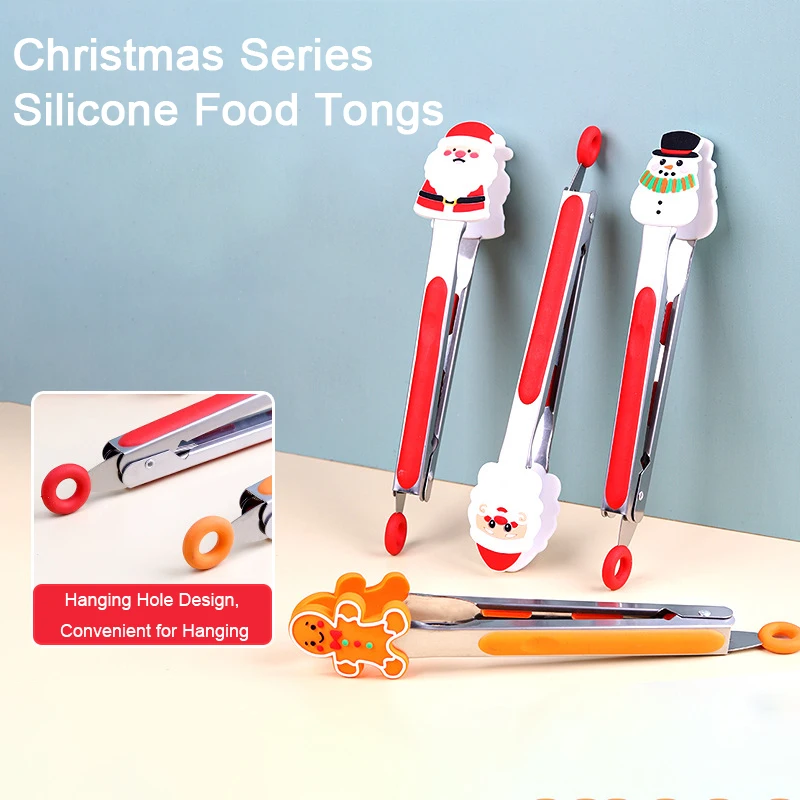 

IK Food Tongs Stainless Steel Kitchen Clamp Heat Resistant Non-slip Christmas Silicone Tong for BBQ Clip for Party Baking