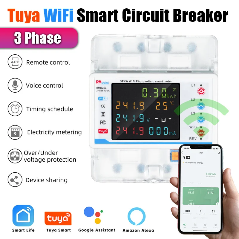 

Умный автоматический выключатель Tuya Wi-Fi, 3-фазный, 4-проводной, фотоэлектрический, интеллектуальный счетчик, цифровой дисплей, повторный выключатель, защита от утечки