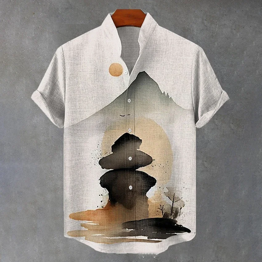 

New ink landscape printed standing collar short sleeved shirt for foreign trade fashion casual loose bamboo linen shirt top