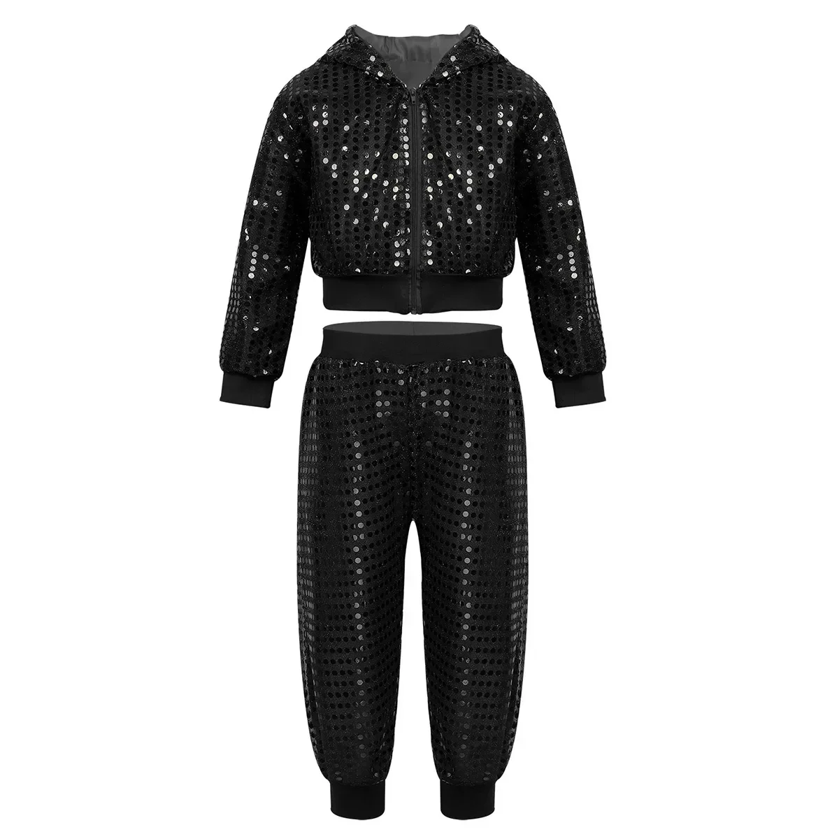 Traje de baile de Jazz de Hip Hop con lentejuelas para niñas y niños, Top con capucha de manga larga y pantalones, conjunto de baile callejero, trajes de actuación para niños