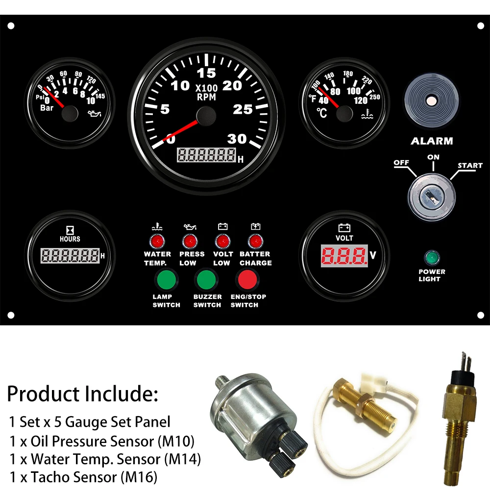 5 Gauge Set 12V 24V Engine Panel Instrument Assembly with 6K Tachometer Fuel Level Water Temp. Oil Pressure Voltmeter 300*190 mm