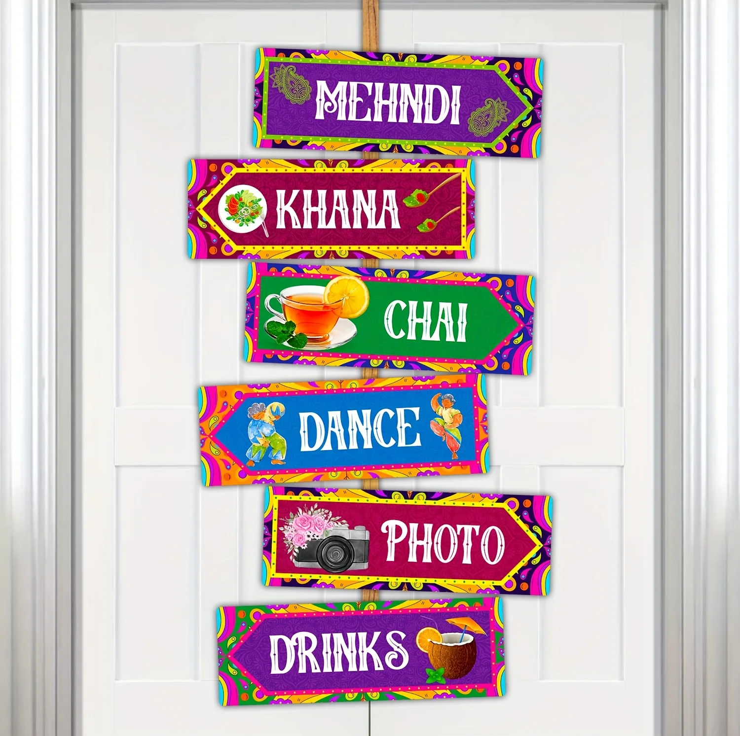 6-teiliges Indisches Hochzeits-Wegweiser-Set, Farbenfrohe Mehndi-Party-Schilder für Khana, Chai, Tanz, Foto- und Getränkestation-Dekoration – Detail 1