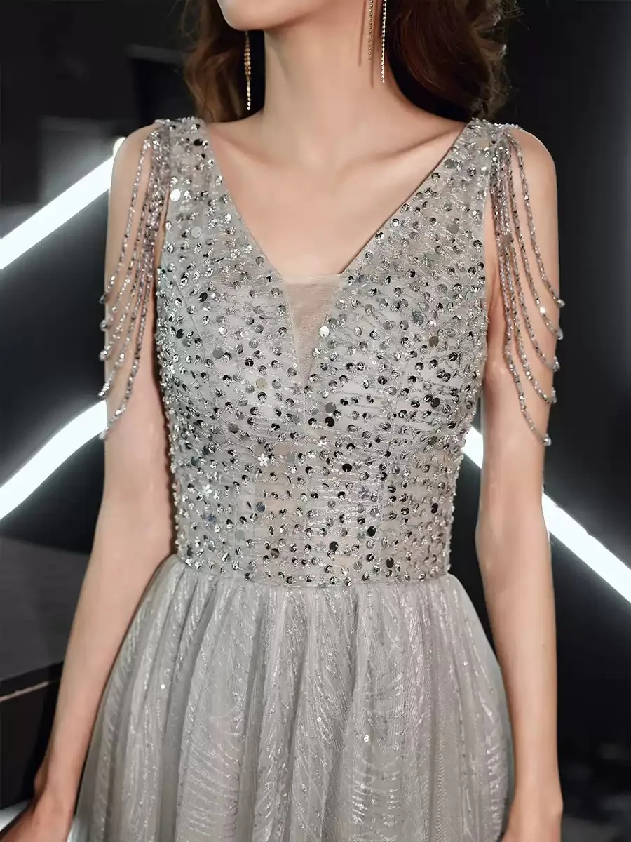 Vestidos de noche grises plateados, vestidos largos de fiesta con lentejuelas y cuentas brillantes, vestido de fiesta sin mangas con cuello en V y cordones en la espalda