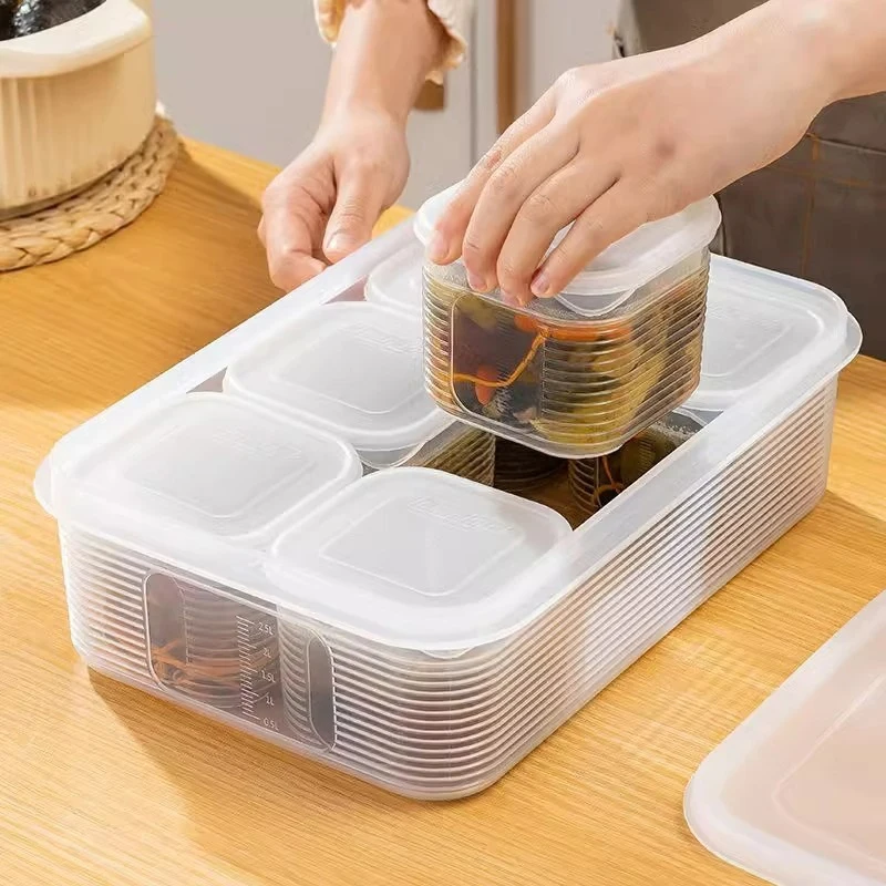 

Crisper 6 Grids Refrigerator Storage Box Divided With Scale Frozen Soup Box Trasparent Sealed Fresh-keeping Box Spices