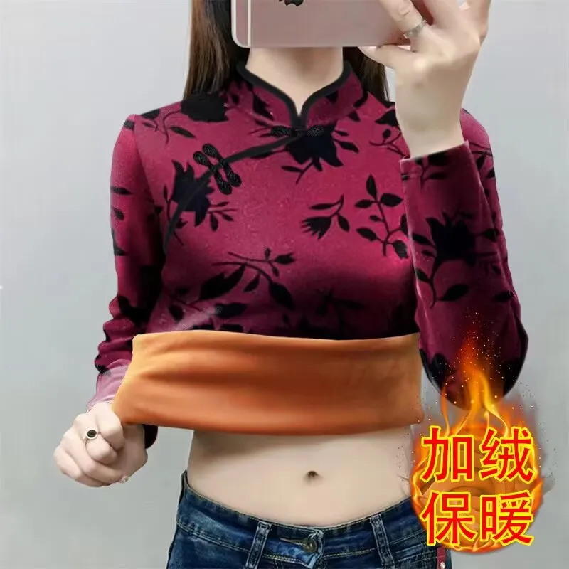 

Chinese Style Long Sleeve Fleece T-Shirt 2025 Women Autumn Winter Cheongsam Collar Thick Base Shirt Female All-match Blouse