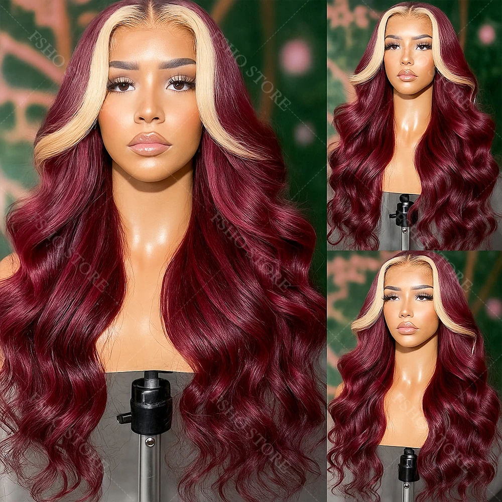 

Upgrade #613/99j Skunk Stripe Honey Blonde Highlight 13x4 Lace Front Wig Human Hair Ombre Burgundy Highlight Wigs with Baby Hair