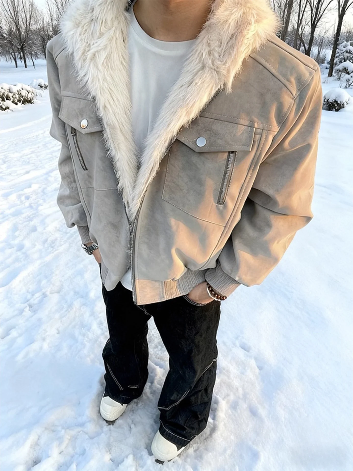 

Matte Dyed Jaet Men's Winter Fce Lined Warm Multi ket Workwear Coat Large Fur Collar Hooded Outerwear Casual Sle