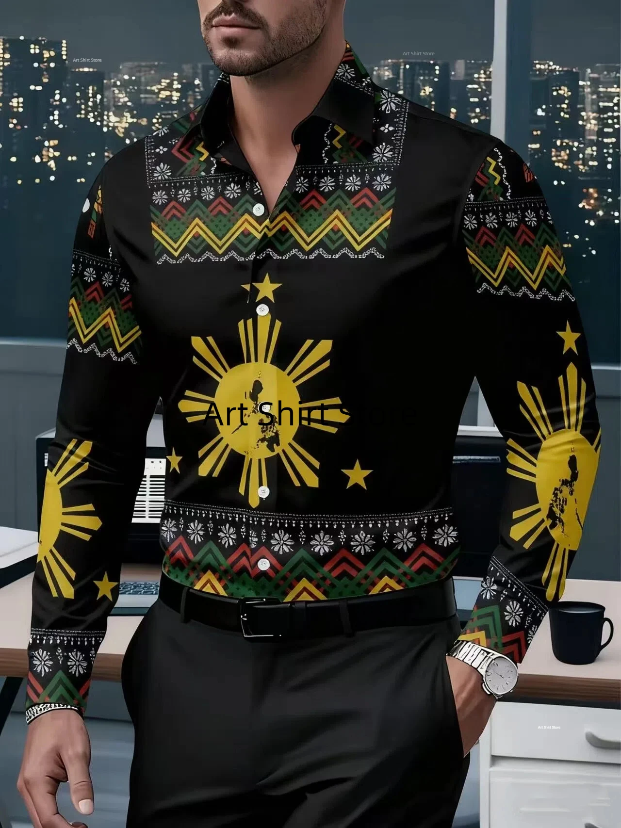 

Men's hot selling spring and autumn casual tribal totem printed long sleeved shirt suitable for office business gatherings