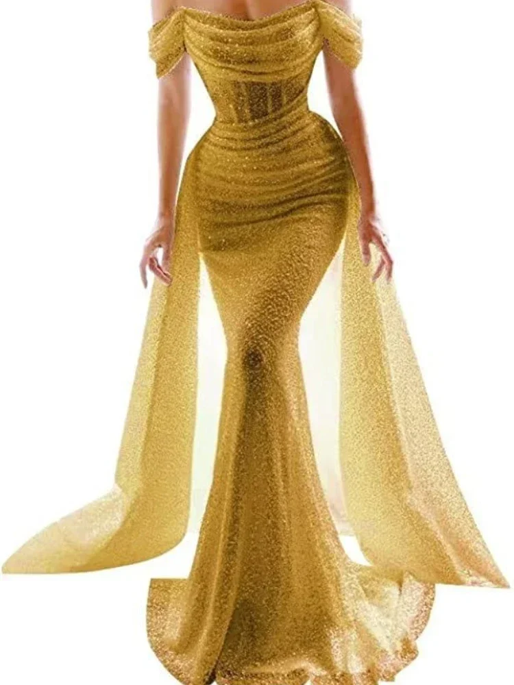 Customized Luxury Shinny Sexy Elegant Evening Dresses Slash Neck Short Sleeve Robe Wedding Party Vestidos Sequined One Shoulder