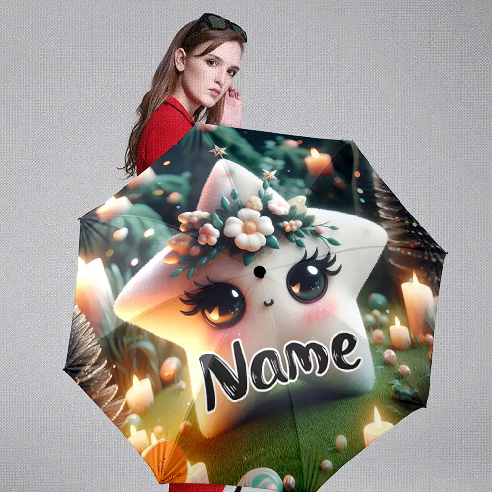 Custom Name Umbrella Cute Star Character with Floral Crown & Candles Scene Umbrella Portable Folding Umbrella,Christmas Gift